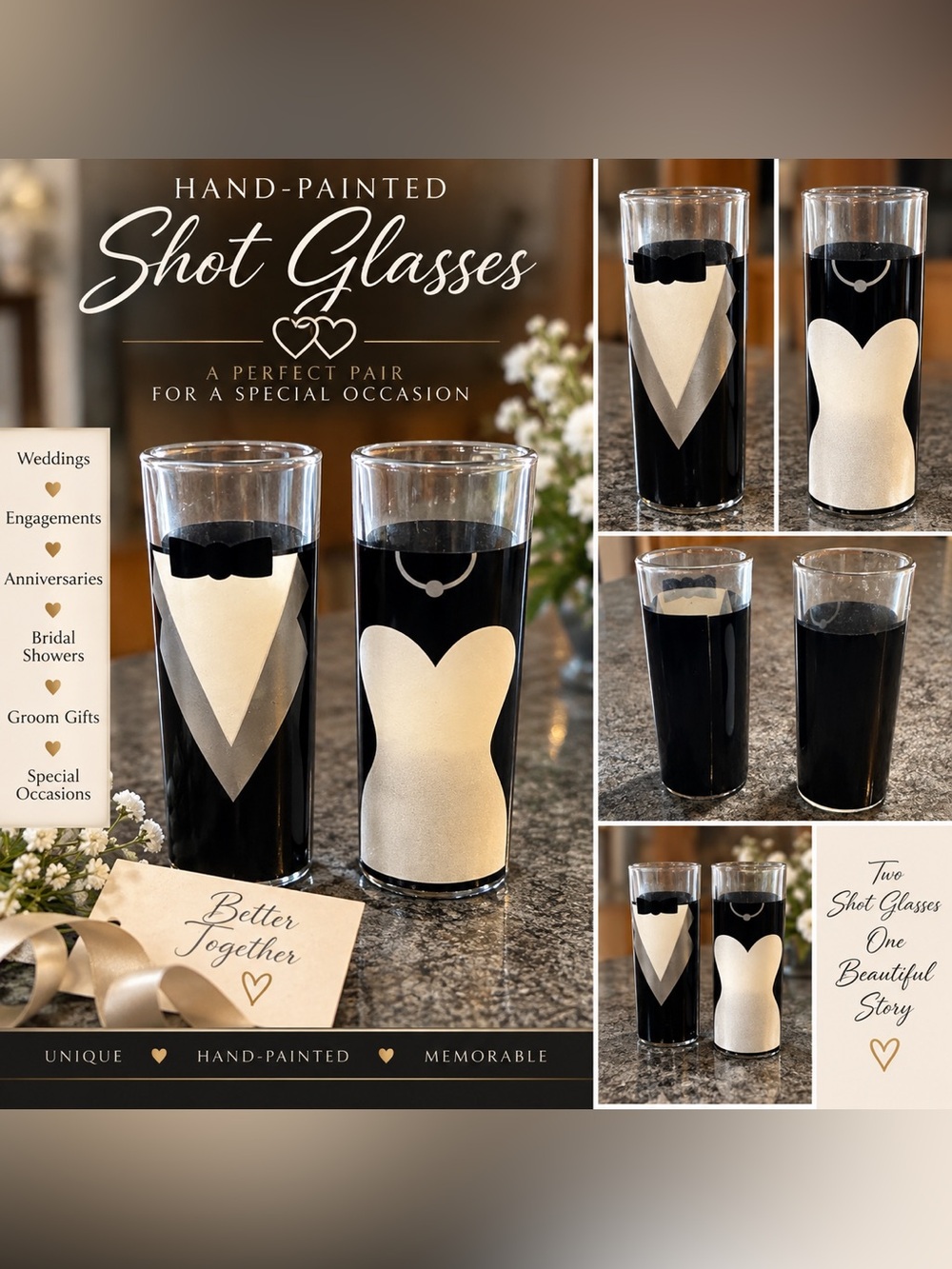 Hand-Painted Bride & Groom Shot Glasses - Gold and Black